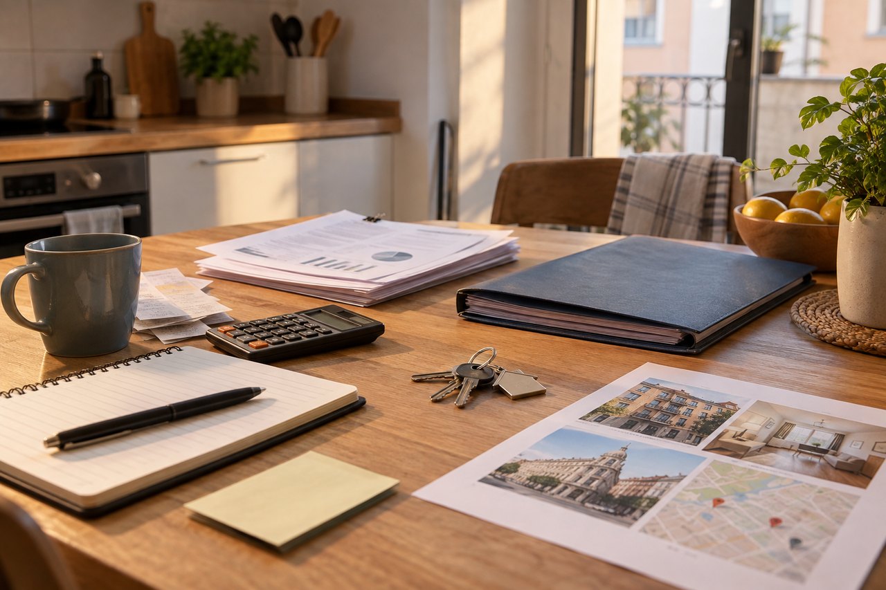 Mesa de cocina con llaves, presupuesto doméstico y carpetas de documentos antes de alquilar un piso.