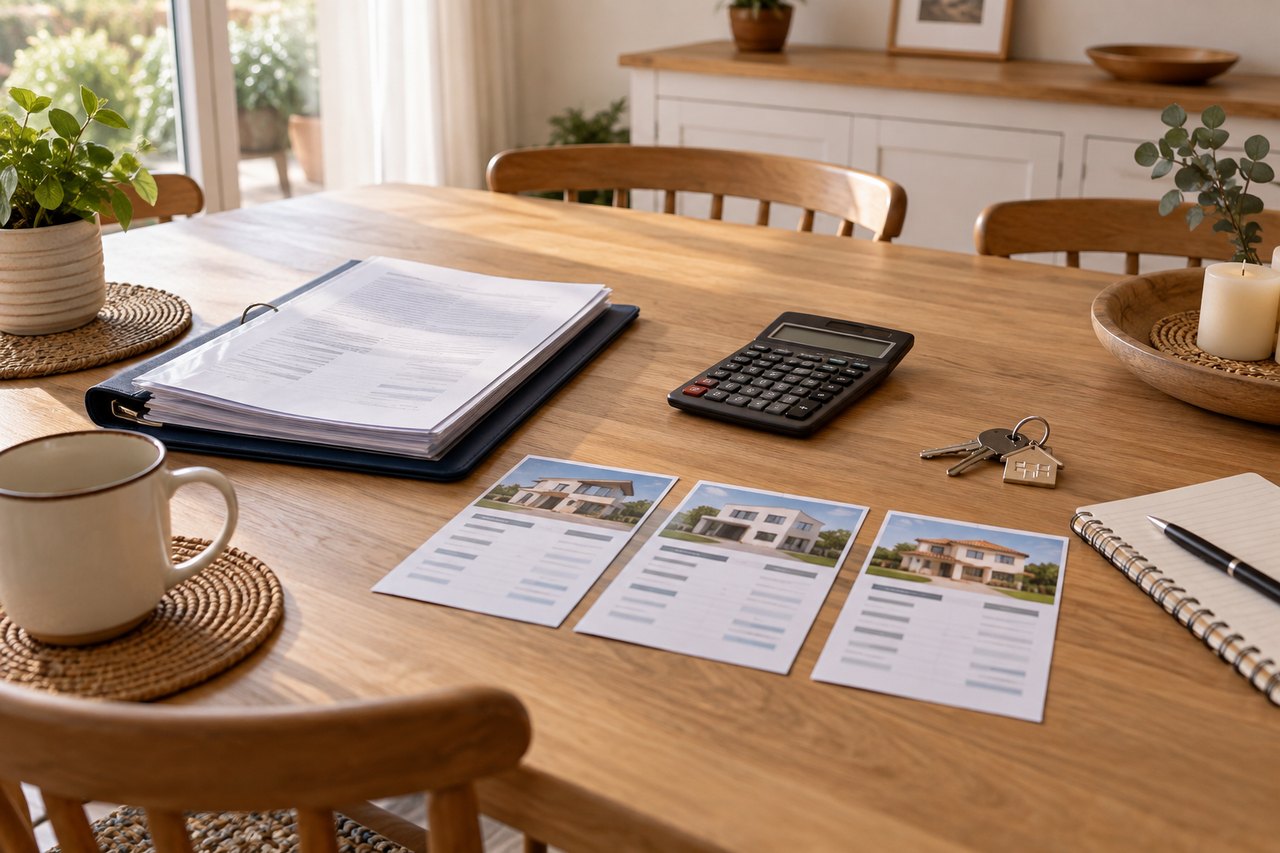 Mesa doméstica con llaves, calculadora y varias fichas neutras para comparar ofertas hipotecarias.