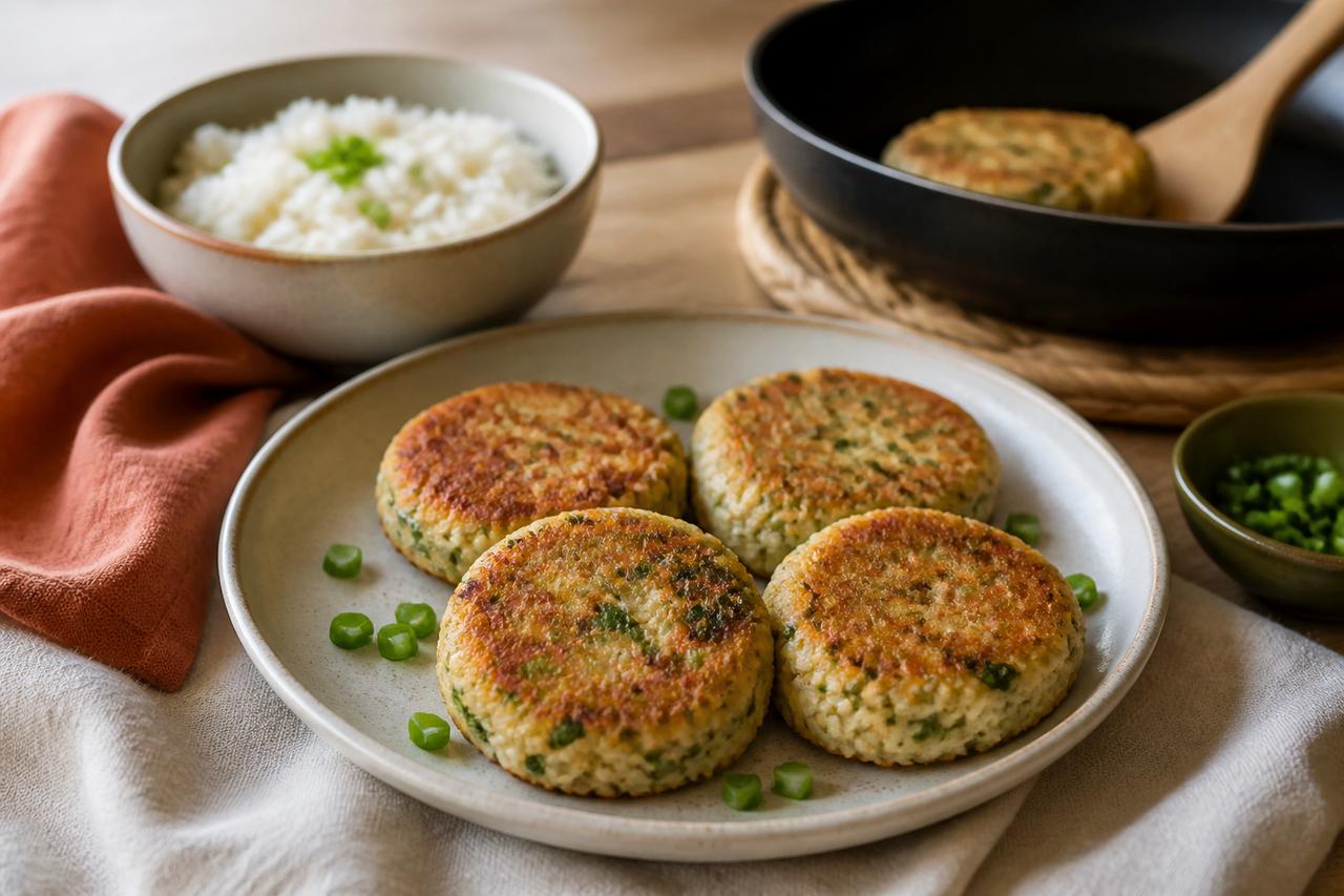 Tortitas saladas de arroz doradas junto a un cuenco de arroz cocido y una sartén.