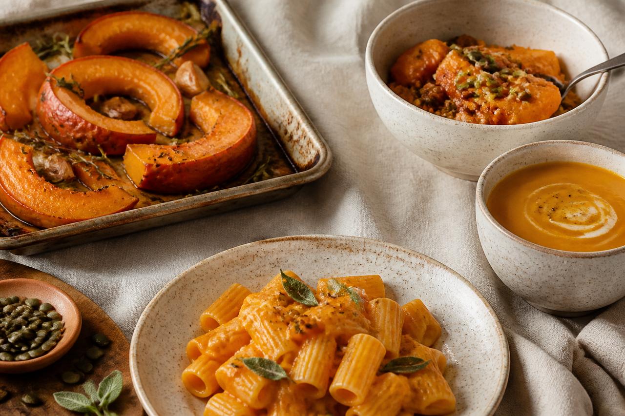 Calabaza asada junto a un cuenco, una pasta con salsa naranja y una sopa cremosa.