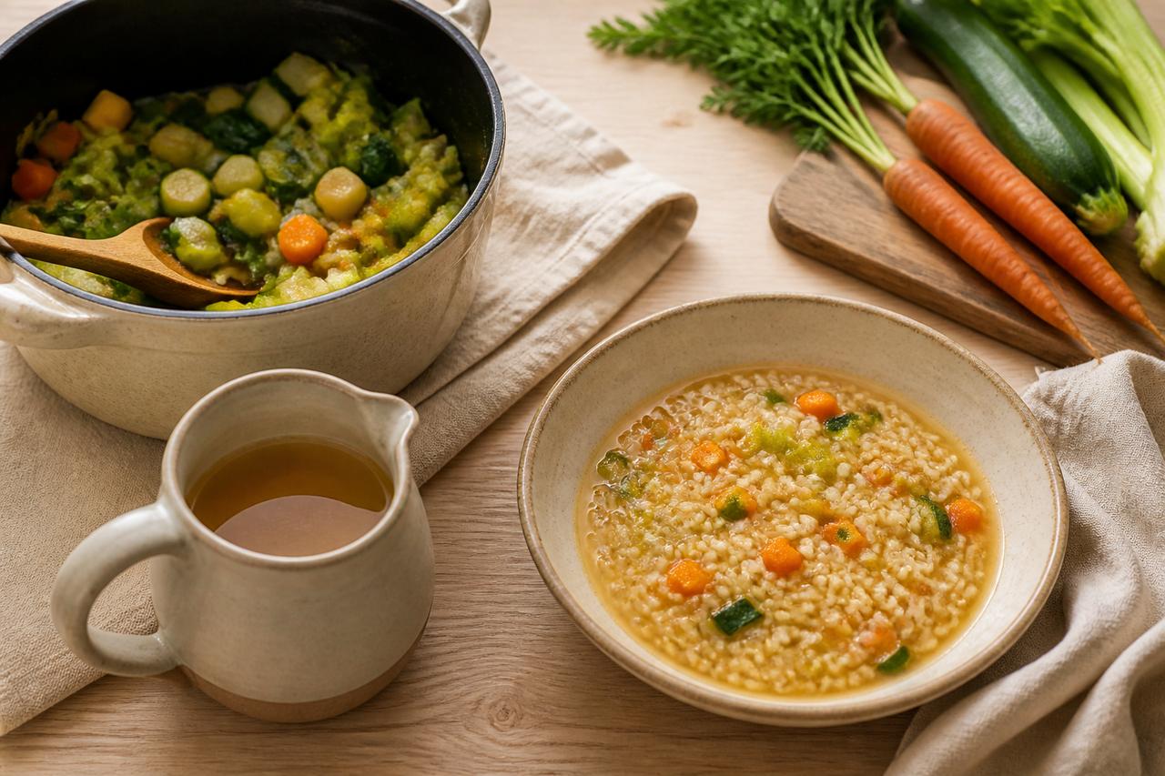 Jarra de caldo claro junto a una cazuela de verduras y un cuenco de arroz caldoso.