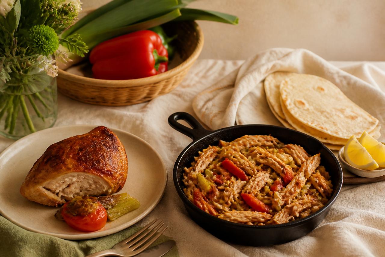Pollo asado junto a una sartén con pollo desmenuzado, verduras y tortillas finas.