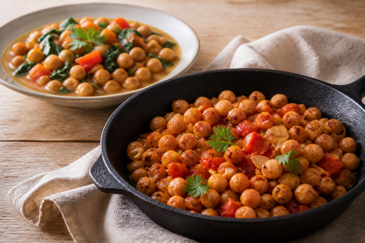 Plato templado de garbanzos y sartén con garbanzos dorados, pimiento y cebolla.