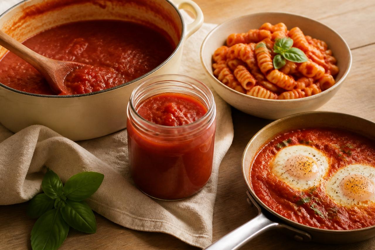 Cazuela de salsa de tomate junto a pasta corta y huevos cocinados en tomate.