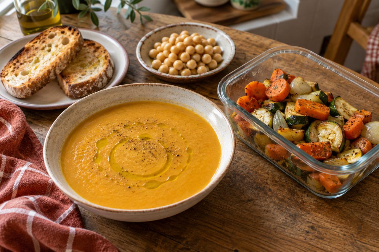 Crema de verduras junto a un recipiente con zanahoria, calabacín y cebolla asados, garbanzos y pan tostado.