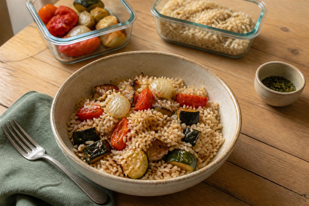 Arroz con verduras asadas junto a varios recipientes de vidrio sobre una mesa clara.