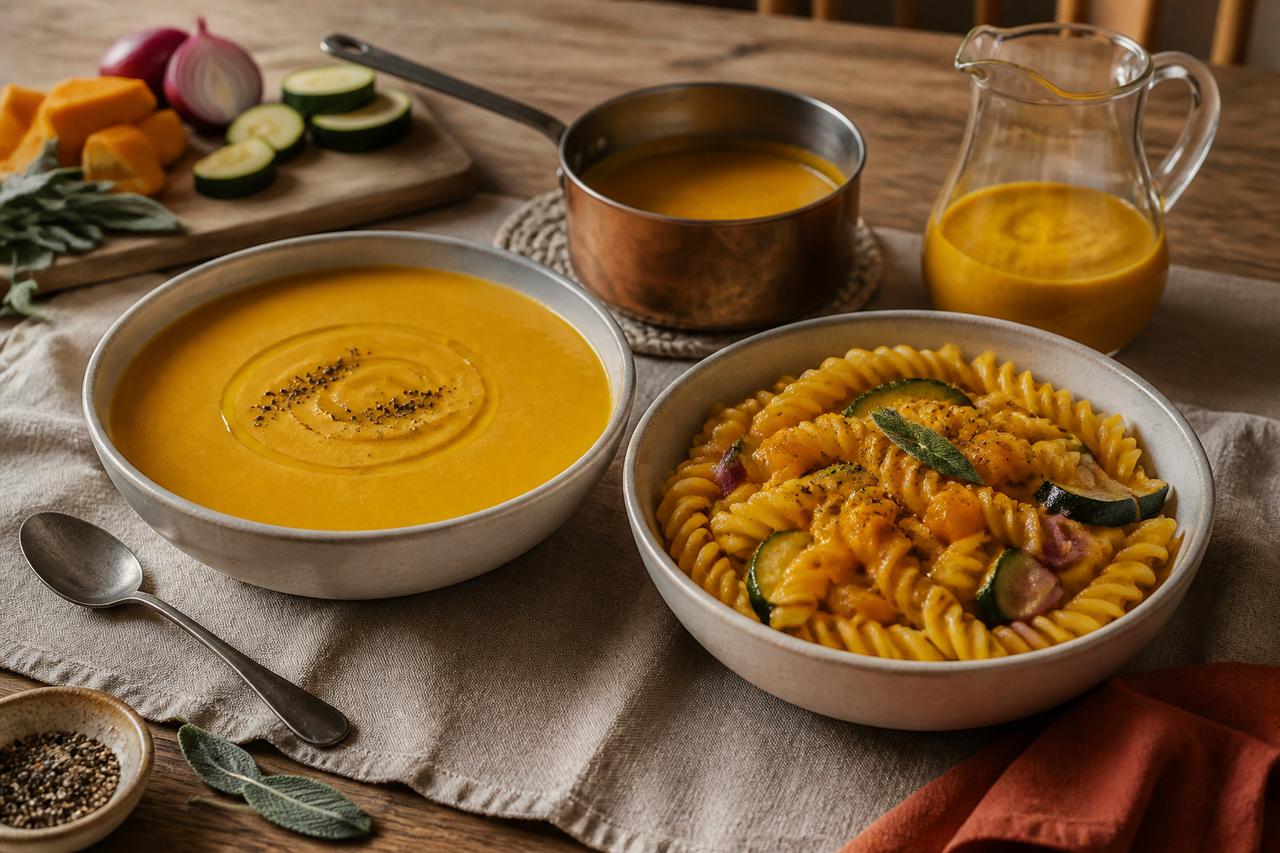 Crema de verduras en un cuenco y la misma base utilizada como salsa para pasta.