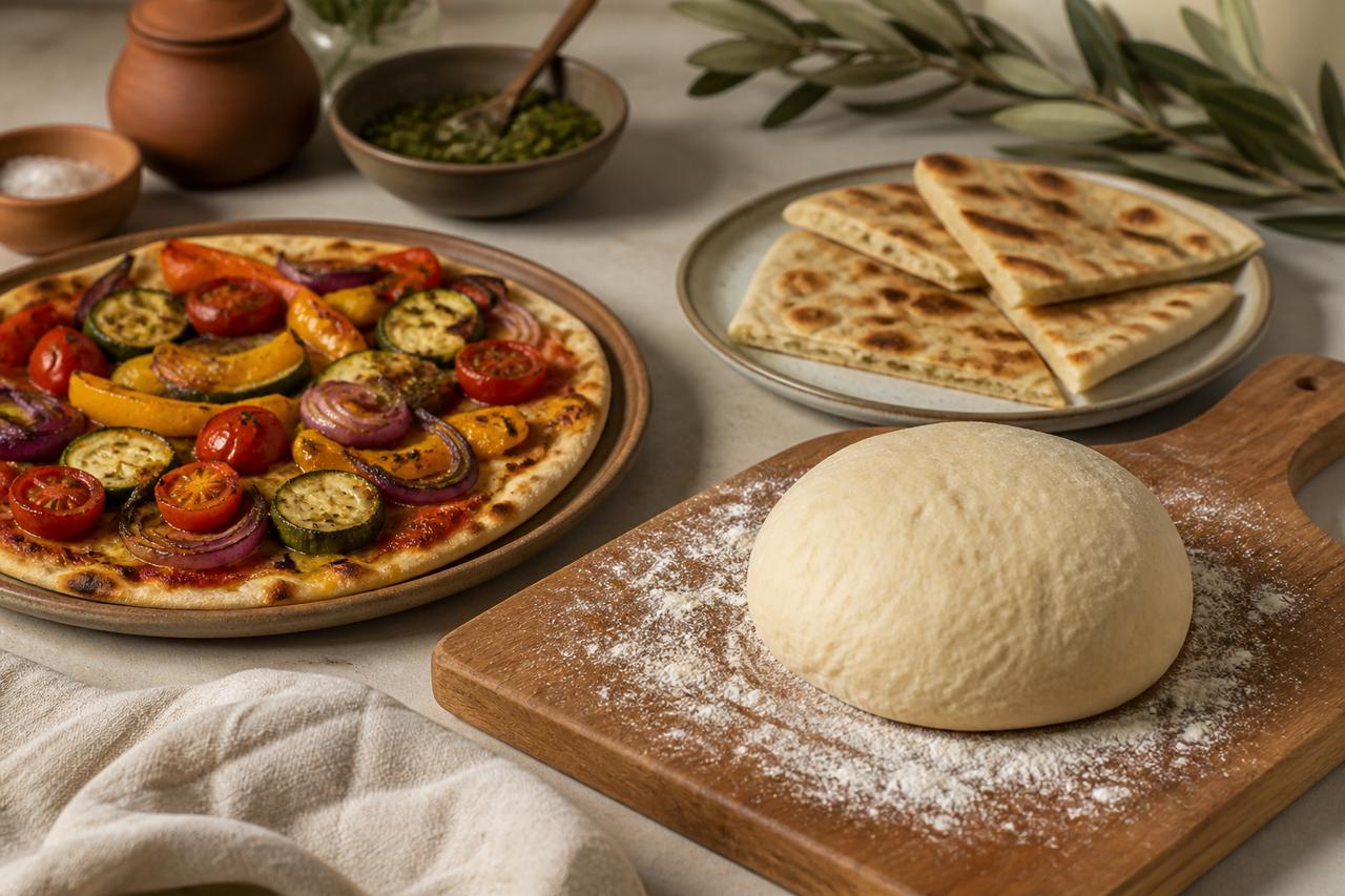 Masa casera junto a una coca fina de verduras y panes planos de sartén.