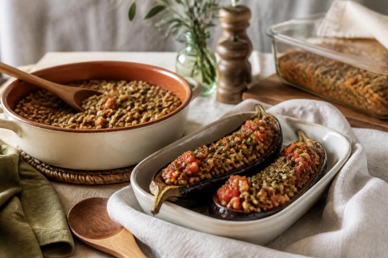 Olla de lentejas junto a berenjenas rellenas de lentejas, tomate y verduras.